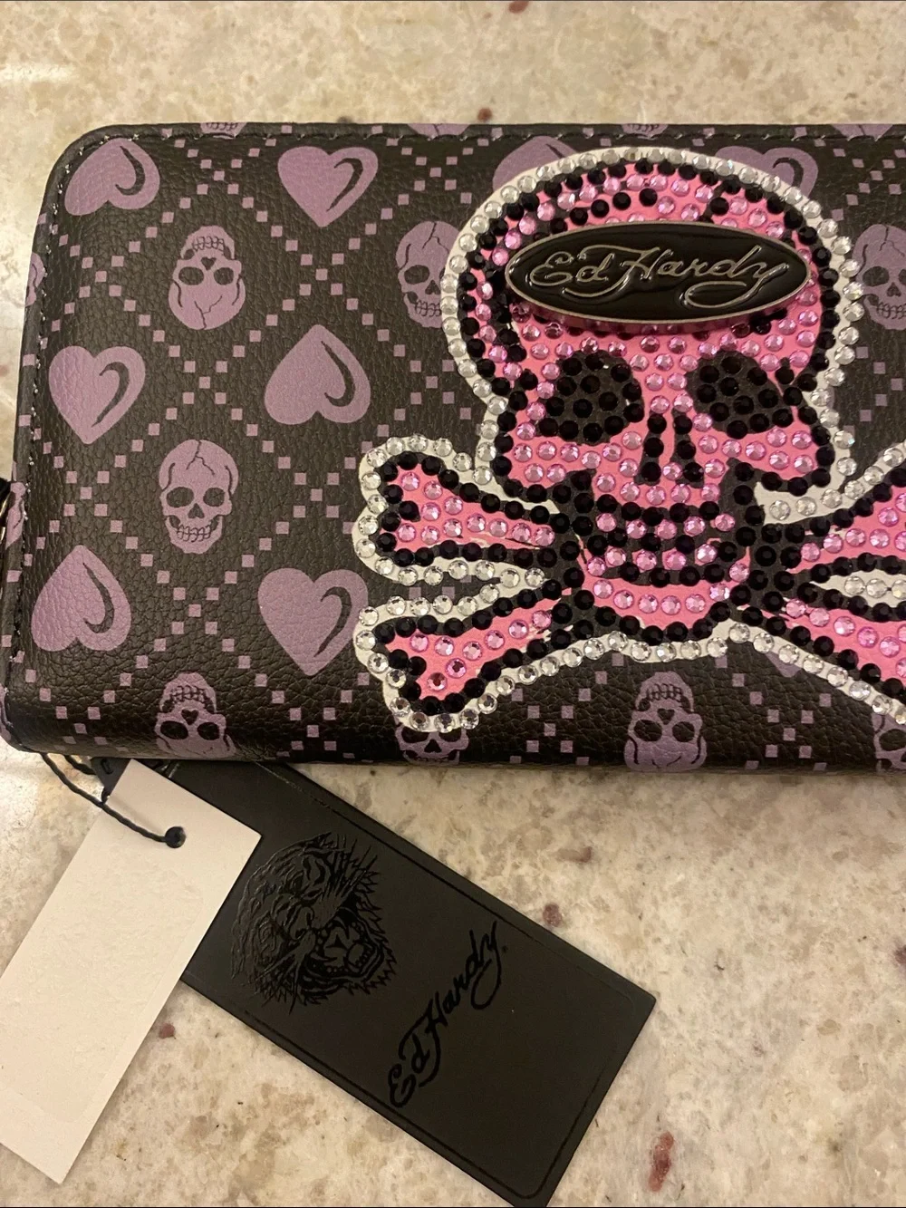 Ed Hardy Black zippered Wallet wristlet with Pink & black Rhinestone Skull NWT